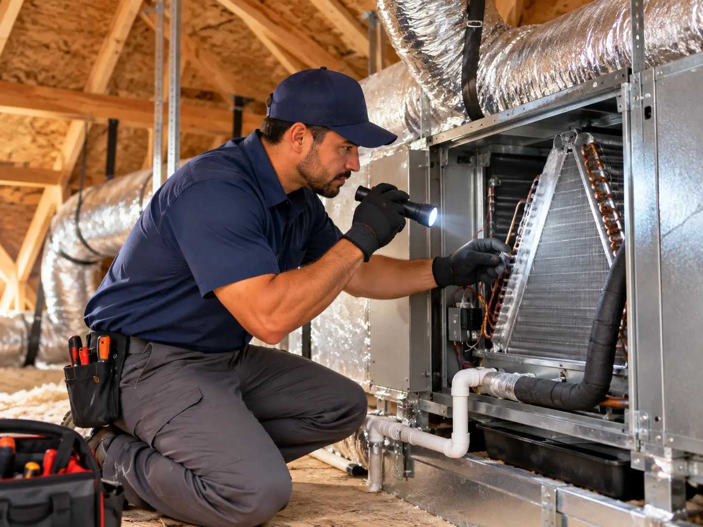 Attic-mounted air handler and ductwork being inspected during an air conditioning service call