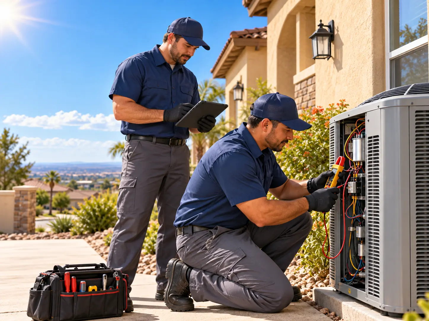 Two HVAC service technicians reviewing an outdoor air conditioning unit at a residential property